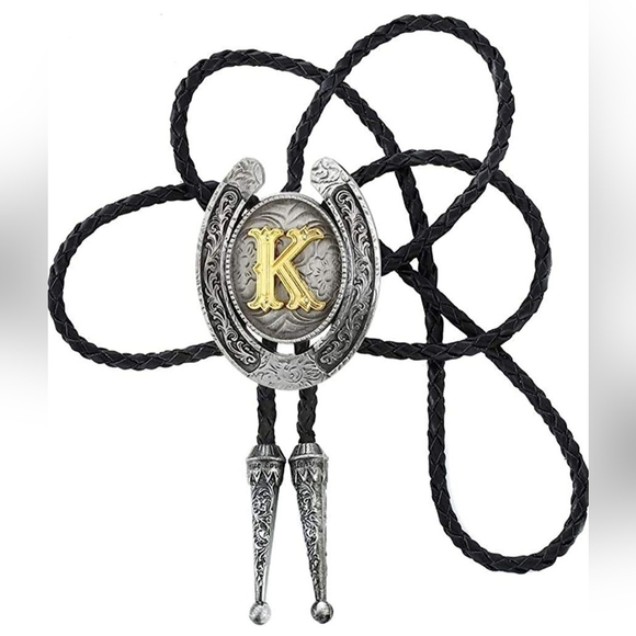 New Western Silver Horseshoe Letter K Initial Leather Bolo Tie.ALL LETTERS AVAIL - Picture 3 of 8